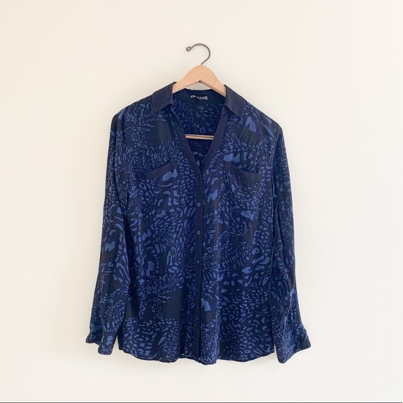 Express Womens Leopard Print Button Down Top Blue Black Small S - Picture 1 of 6